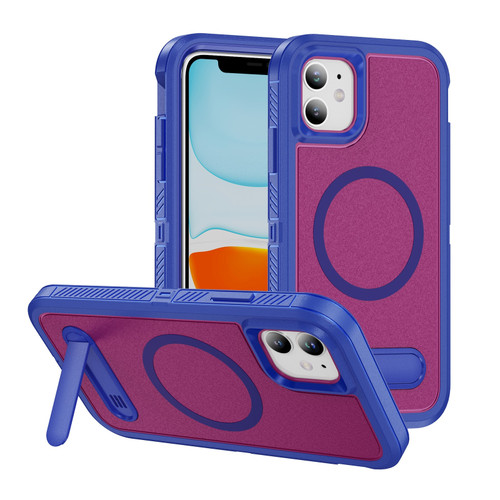 iPhone 11 Guard MagSafe Holder Matte PC Hybrid TPU Phone Case - Blue Rose Red