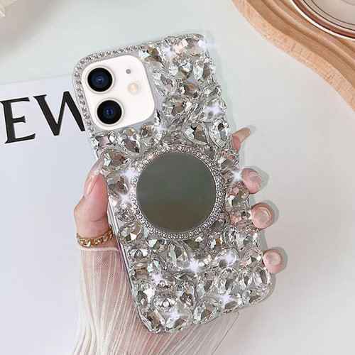 iPhone 11 Mirror Handmade Bling Rhinestone PC Phone Case - Silver Gray Round