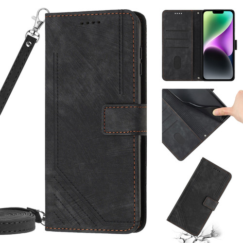 iPhone 11 Skin Feel Stripe Pattern Leather Phone Case with Lanyard - Black