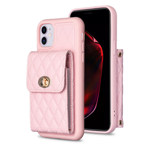 iPhone 11 Vertical Metal Buckle Wallet Rhombic Leather Phone Case - Pink