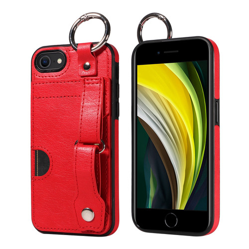 iPhone 7 / 8 / SE 2022 Calf Texture Wrist Card Slot Ring Phone Case - Red