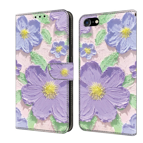 iPhone 7 / 8 / SE 2022 Fresh Painted Leather Phone Case - Oil Painting Purple Flowers