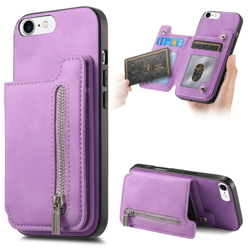 iPhone 7 / 8 / SE 2022 Retro MagSafe Zipper Wallet Card Bag Back Phone Case - Purple