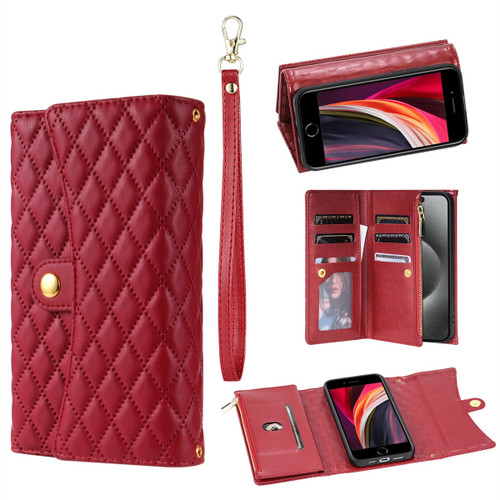 iPhone 7 / 8 / SE 2022 Zipper Multi-Card Wallet Rhombic Leather Phone Case - Red