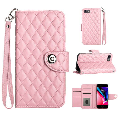 iPhone SE 2022 / 2020 / 8 / 7 Rhombic Texture Flip Leather Phone Case with Lanyard - Pink