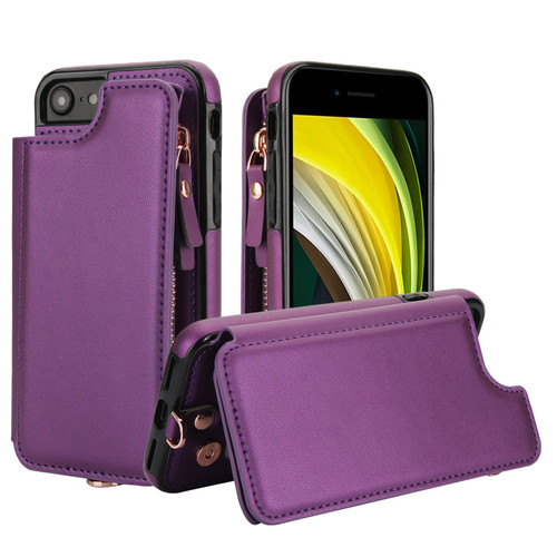 iPhone SE 2022 / 2020 / 8 Double Flap Zipper RFID Leather Phone Case with Short Lanyard - Dark Purple