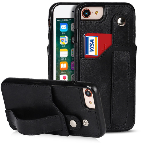 iPhone SE 2022 / SE 2020 / 8 / 7 Crazy Horse Texture Leather Back Case with Card Slot & Wrist Strap - Black