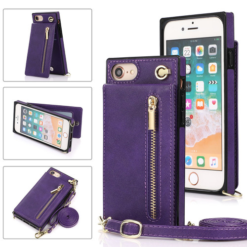 iPhone SE 2022 / SE 2020 / 8 / 7 Cross-body Zipper Square TPU+PU Back Cover Case with Holder & Card Slots & Wallet & Strap - Purple