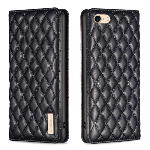 iPhone SE 2022 / SE 2020 / 8 / 7 Diamond Lattice Magnetic Leather Flip Phone Case - Black