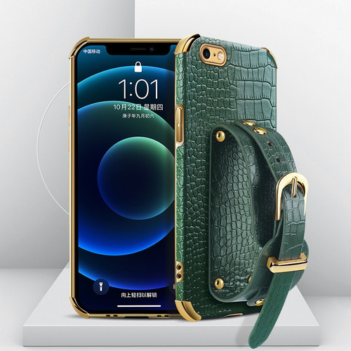iPhone SE 2022 / SE 2020 / 8 / 7 Electroplated TPU Crocodile Pattern Leather Case with Wrist Strap - Green