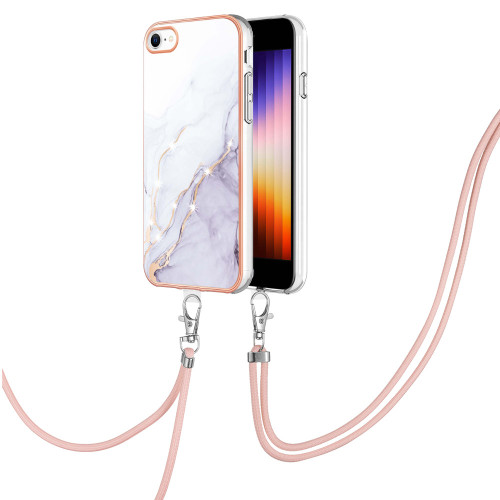 iPhone SE 2022 / SE 2020 / 8 / 7 Electroplating Marble Pattern TPU Phone Case with Lanyard - White 006