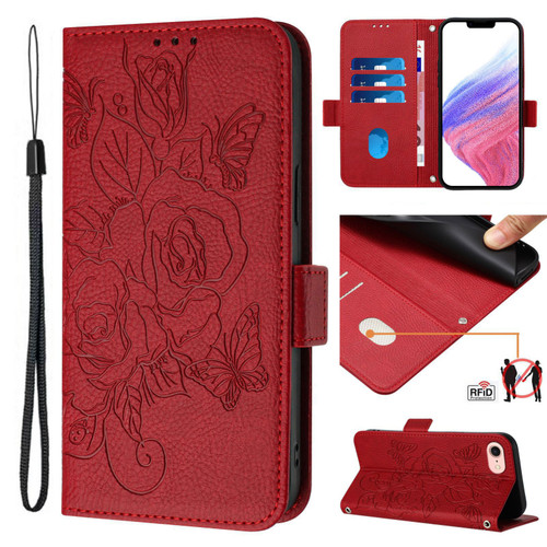iPhone SE 2022 / SE 2020 / 8 / 7 Embossed Rose RFID Anti-theft Leather Phone Case - Red