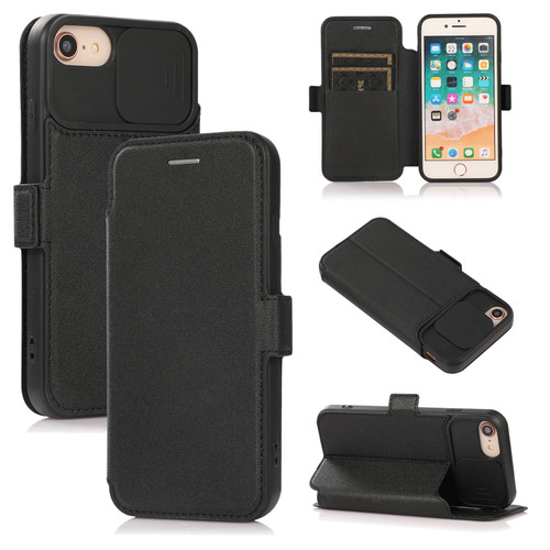 iPhone SE 2022 / SE 2020 / 8 / 7 Push Window Double Buckle PU + Silicone Horizontal Flip Leather Case with Holder & Card Slot - Black