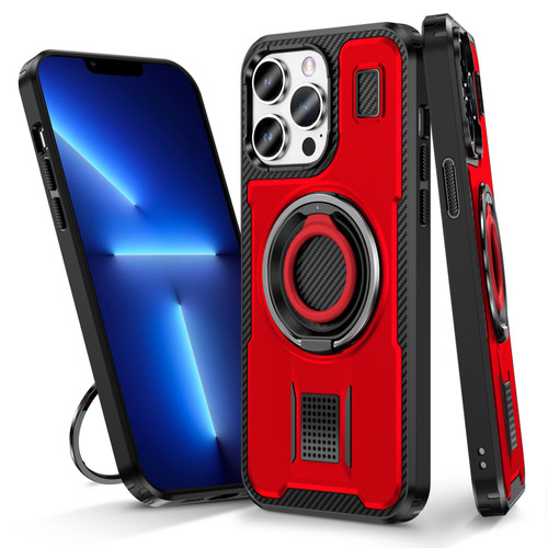 iPhone 13 Pro Max Ring Holder Carbon Fiber PC Hybrid TPU Phone Case - Red