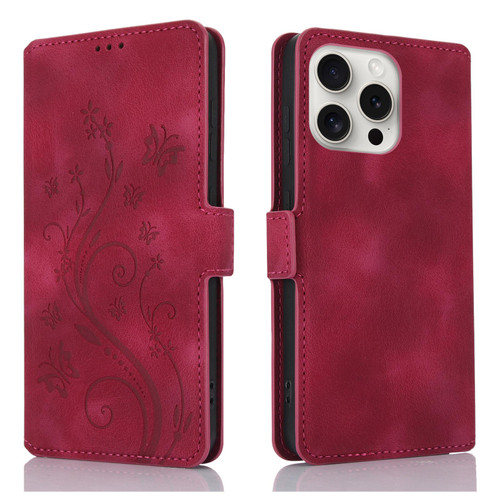 iPhone 13 Pro Max Dreamy Butterfly Love Flower Embossed Leather Phone Case - Red