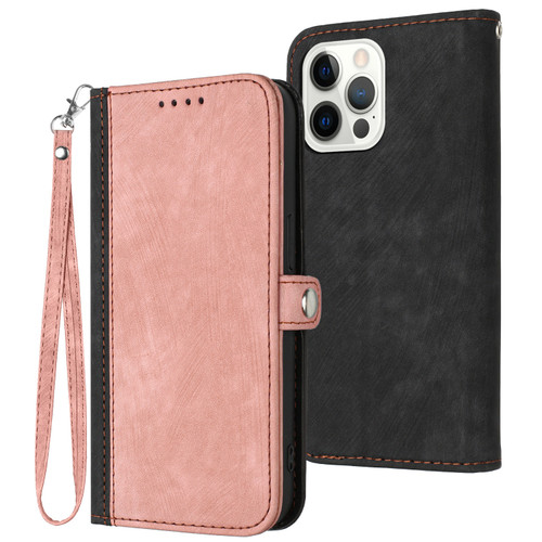 iPhone 13 Pro Max Side Buckle Double Fold Hand Strap Leather Phone Case - Pink