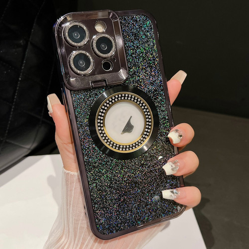 iPhone 13 Pro Max Starry Glitter MagSafe Lens Holder Phone Case - Black
