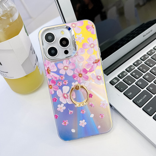 iPhone 13 Pro Max Electroplating Laser Flower Ring Holder TPU Phone Case - Pink Flower AH13