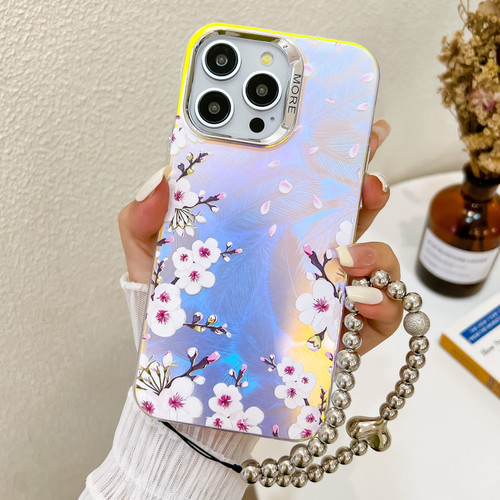 iPhone 13 Pro Max Electroplating Laser Flower Phone Case with Wrist Strap - Plum Blossom AH18