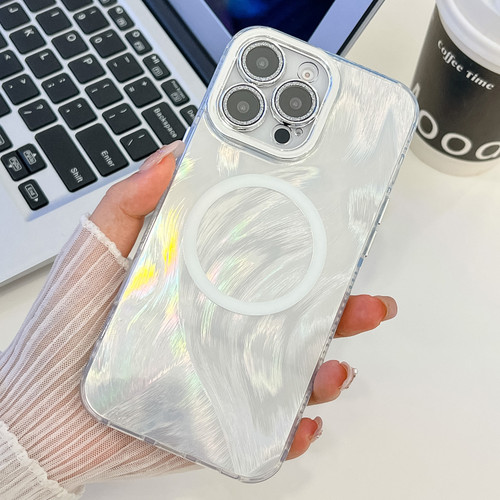 iPhone 13 Pro Max Plating Texture MagSafe TPU Phone Case with Glitter Lens Film - White Feather Yarn