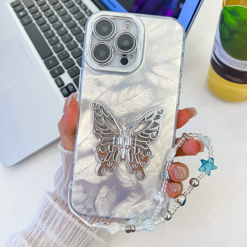 iPhone 13 Pro Max Plating Glitter Lens Film Texture Butterfly Holder Wristband Phone Case - White Feathers