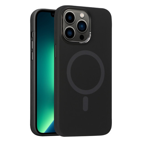 iPhone 13 Pro Max Metal Lens Frame Liquid Silicone MagSafe Phone Case - Black