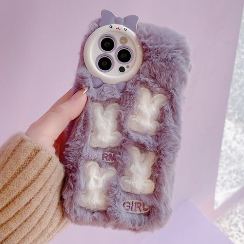 iPhone 13 Pro Max Plush Cute Rabbit Full Coverage Phone Case - Purple