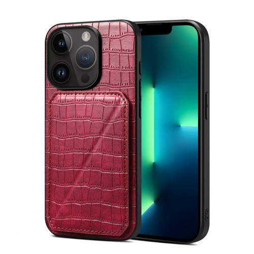 iPhone 13 Pro Max Imitation Crocodile Leather Back Phone Case with Holder - Rose Red