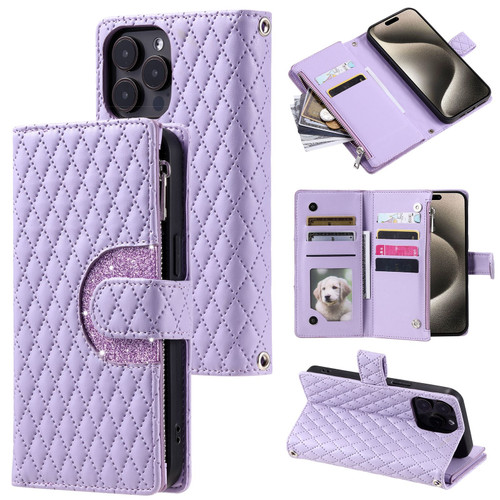 iPhone 13 Pro Max Glitter Lattice Zipper Wallet Leather Phone Case - Purple