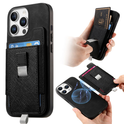 iPhone 13 Pro Max Retro Magsafe Cross Leather Pull-Out Card Bag Back Phone Case - Black