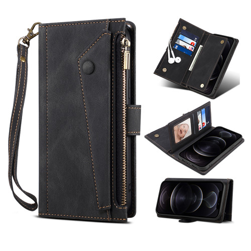 iPhone 13 Pro Max Retro Frosted Horizontal Flip Leather Case with Holder & Card Slot & Wallet & Zipper Pocket & Lanyard - Black