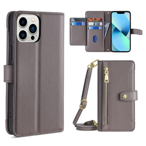 iPhone 13 Pro Max Sheep Texture Cross-body Zipper Wallet Leather Phone Case - Grey
