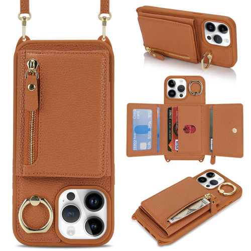 iPhone 13 Pro Max / 12 Pro Max Crossbody Zipper Wallet Ring Holder Litchi Leather Phone Case - Brown