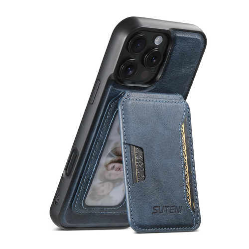 iPhone 13 Pro Max Suteni M3 Card Bag MagSafe Cowhide Texture Leather Phone Case - Blue