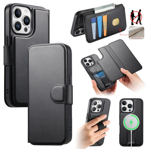 iPhone 13 Pro Max CaseNeo Finger Grip Strap MagSafe Leather Phone Case - Black