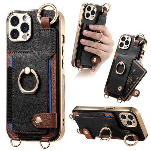 iPhone 13 Pro Max Fashion Ring Card Bag Phone Case with Hang Loop - Black
