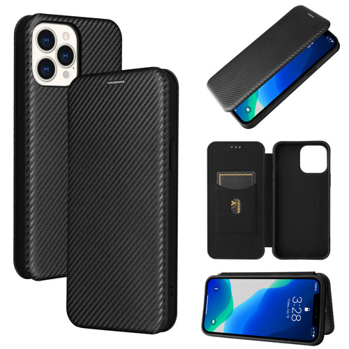 iPhone 13 Pro Carbon Fiber Texture Horizontal Flip TPU + PC + PU Leather Case with Card Slot - Black