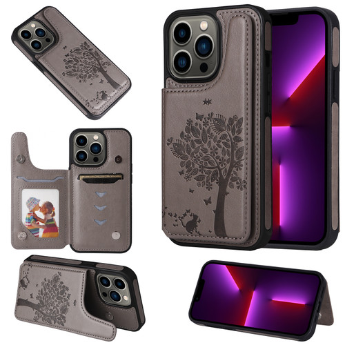 iPhone 13 Pro Cat Tree Embossing Pattern Shockproof Phone Case - Gray