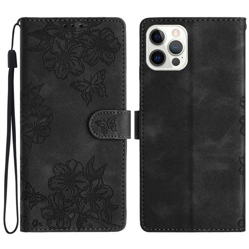 iPhone 13 Pro Cherry Blossom Butterfly Skin Feel Embossed PU Phone Case - Black