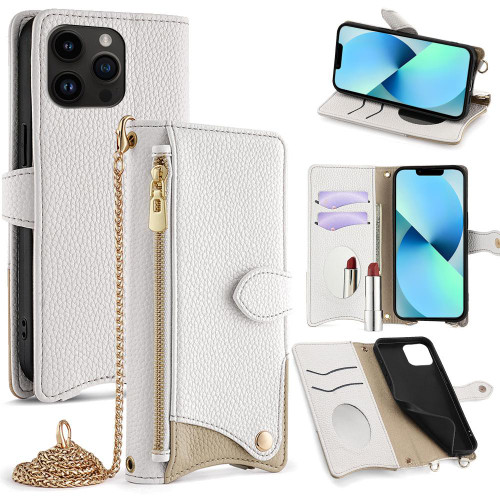 iPhone 13 Pro Crossbody Chain Fishtail Litchi Leather Phone Case - Pink