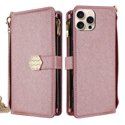 iPhone 13 Pro Crossbody Handle Cross Texture Leather Phone Case - Rose Gold