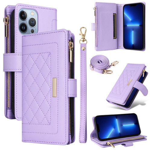 iPhone 13 Pro Crossbody Zipper Wallet Rhombus Leather Phone Case - Purple