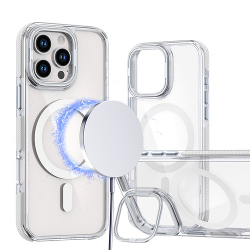 iPhone 13 Pro Dual-Color Clear Acrylic Hybrid TPU Lens Flip Holder MagSafe Phone Case - White