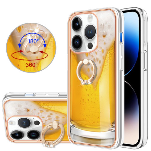 iPhone 13 Pro Electroplating Dual-side IMD Phone Case with Ring Holder - Draft Beer