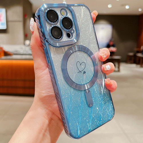 iPhone 13 Pro Loves Leaves Gradient Glitter Carbon Fiber Magsafe TPU Phone Case - Blue