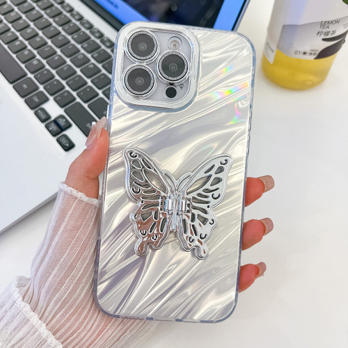 iPhone 13 Pro Plating Glitter Texture Butterfly Holder TPU Phone Case with Lens Film - White Water Ripples