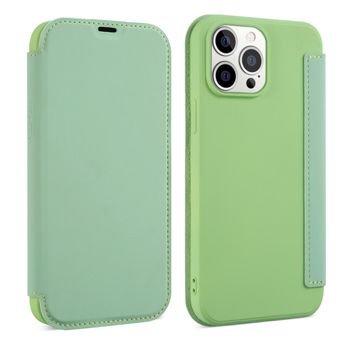 iPhone 13 Pro Skin Feel Horizontal Flip PU Leather Case with Holder & Card Slot - Tea Green