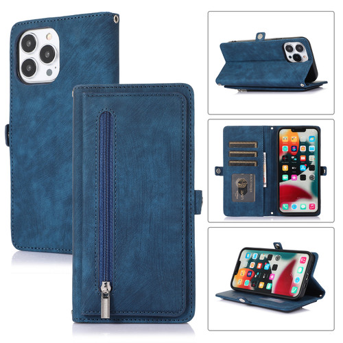 iPhone 13 Pro Zipper Card Slot Buckle Wallet Leather Phone Case - Blue