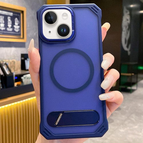 iPhone 13 Skin Feel Frameless MagSafe PC Phone Case with Fold Holder - Blue
