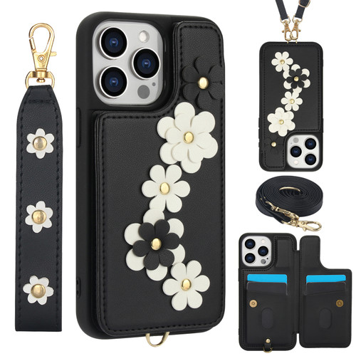 iPhone 12 Pro Max Crossbody Flower Pattern Leather Phone Case - Black